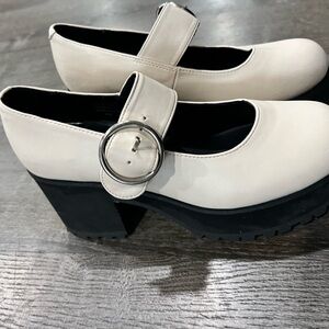 Current Mood cream White Mary Jane Platform Heels with Silver Buckle